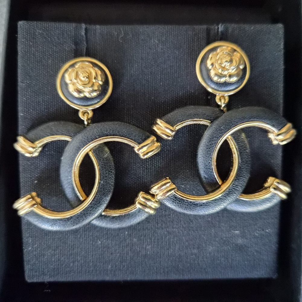 Chanel 2022 Fall Black Leather CC Gold Camelia Drop Earrings